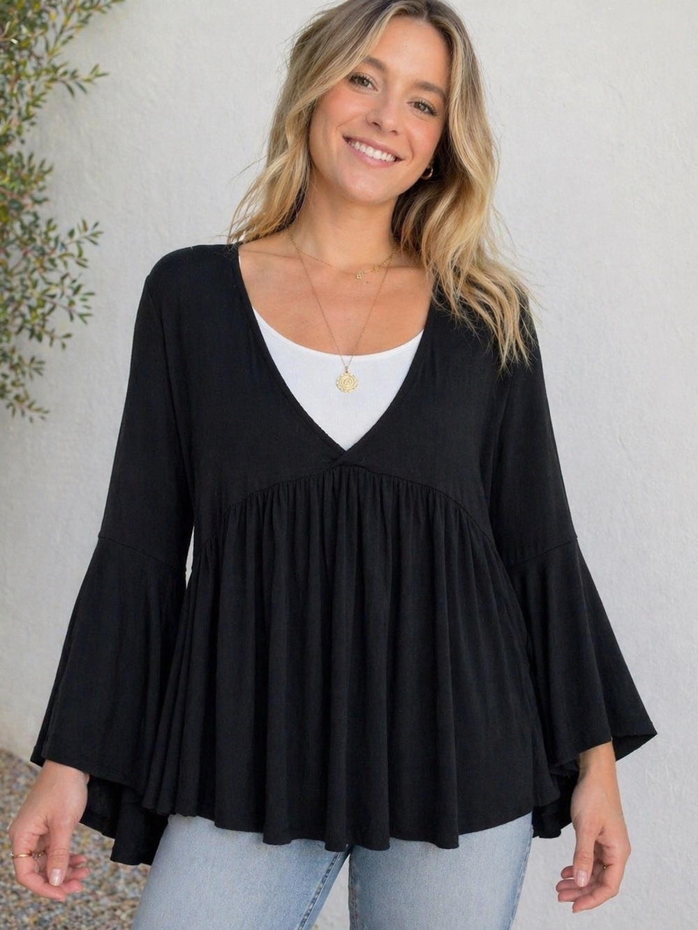Altar'd State Black V-Neck Bell Sleeve Tunic